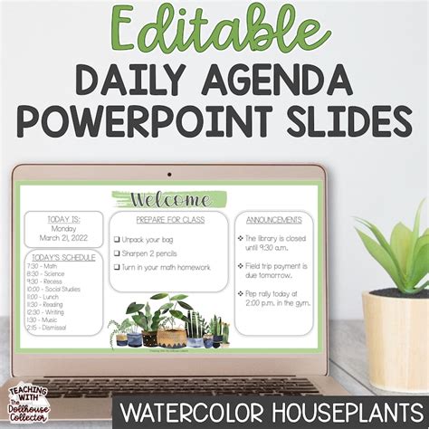 Editable Daily Agenda Slides Watercolor HOUSEPLANTS Theme Powerpoint ...