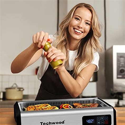 Indoor Smokeless Grill Techwood 1500W Electric Grill with Tempered Glass Lid & LED Smart Control ...