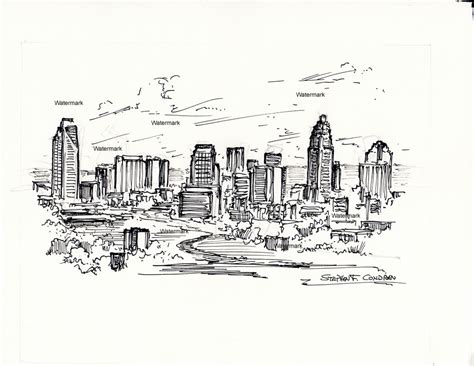 Charlotte skyline pen & ink line drawing of downtown.