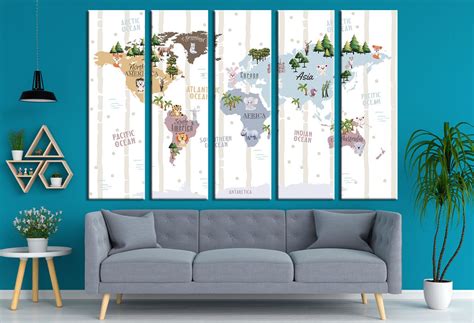 Kids Decor Nursery Wall Art World Map Illustration Animal Map of the World for Children Wall Art ...