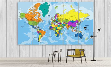 Colorful Political World Map – World Map 5 Panel Canvas Art Wall Decor – Canvas Storm
