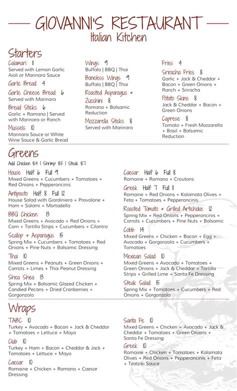 Menu - GIOVANNI'S RESTAURANT