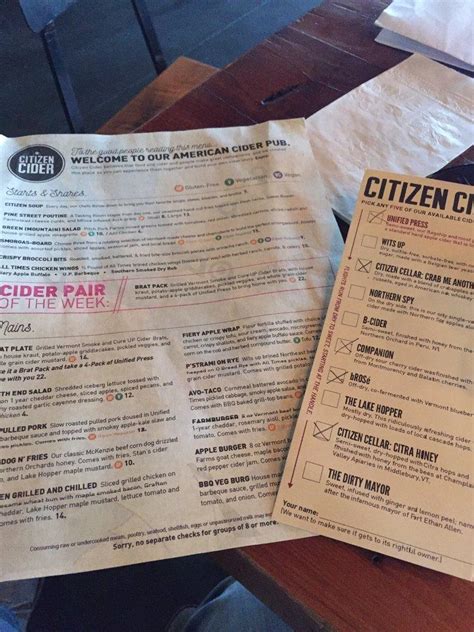 Menu at Citizen Cider pub & bar, Burlington