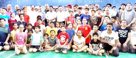 Young participants posing along with chief guest at Indoor Complex, MA Stadium, Jammu on ...