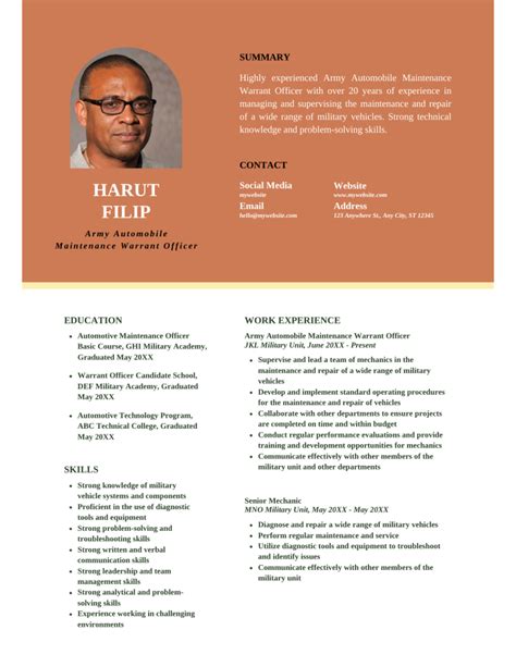 Army Automobile Maintenance Warrant Officer Resume Template 2023 - Download In PDF