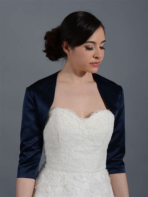 Navy Blue 3/4 sleeve wedding satin bolero jacket Satin009_NavyBlue