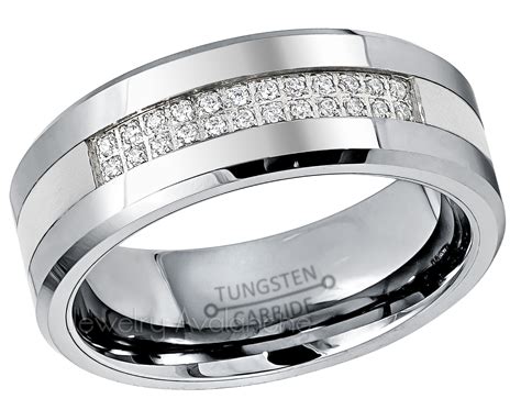 Men’s Tungsten Wedding Band Double Row 24-CZ Accent – 8mm Beveled Comfort Fit Tungsten Carbide ...