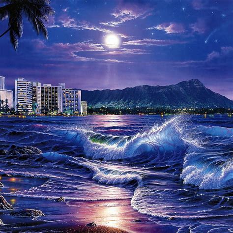 Sea waves city night beach moon stars painting art iPad Air HD phone ...