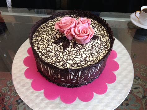 chocolate lace cake with white modeling chocolate flowers | Cake ...