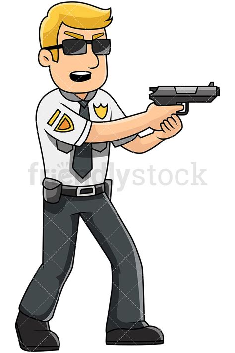 Male Police Officer Holding Pistol Vector Cartoon Clipart - FriendlyStock