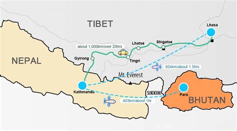 Nepal Bhutan Tibet Travel Map