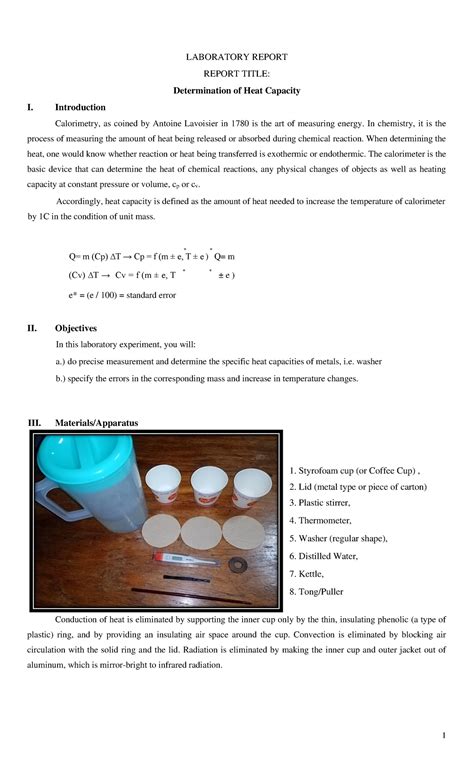 Laboratory Report - Determination of Heat Capacity - LABORATORY REPORT REPORT TITLE ...