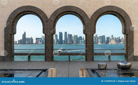 Doha Skyline through the Arches of the Museum of Islamic Art, Doha, Qatar Editorial Stock Image ...