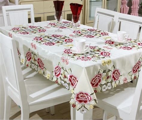 European Elegant Satin Embroidery Floral Tablecloths Handmade Embroidered Peony Flower Table ...