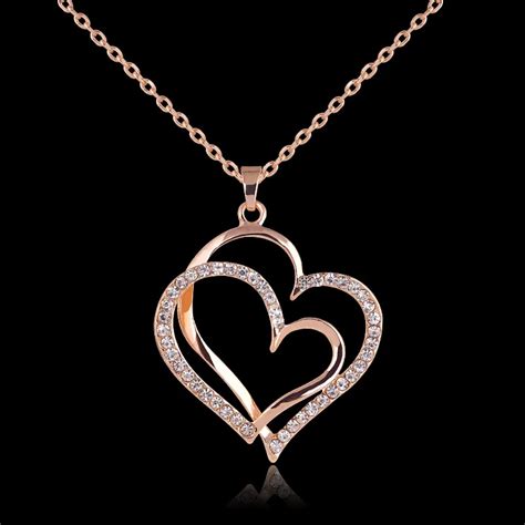 Summer style Rose gold color Crystal Double Heart Pendant Luxury ...