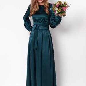 Dark Teal Green Silk Dress With Belt, Long Slit Dress, Bridesmaid Dress ...