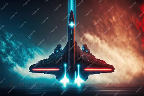 Premium Photo | Battle spaceship with neon lights futuristic flight in ...