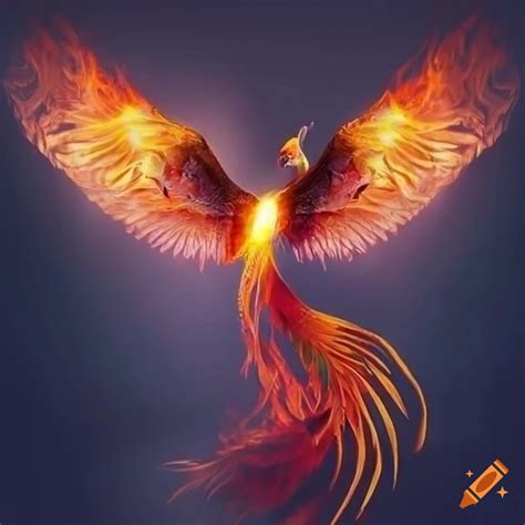 Phoenix bird, open wings, fire background, photorealism on Craiyon