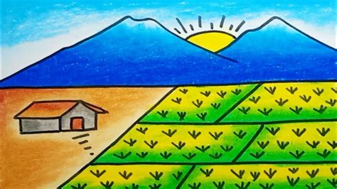 How To Draw Nature Scenery Rice Field And Mountain |Drawing House Scenery Easy - YouTube