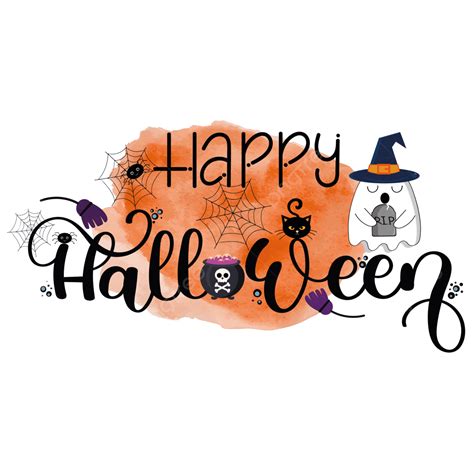 Happy Halloween Text Hand Lettering With Ghost Spider Web And Cat, Happy Halloween, Halloween ...