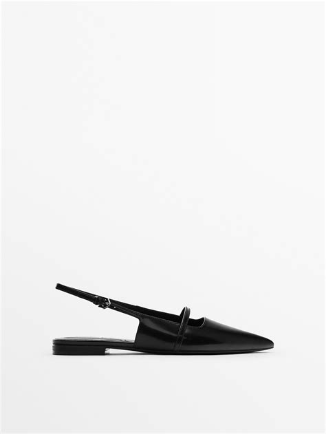 Massimo Dutti Flat Leather Slingback Shoes In Black | ModeSens