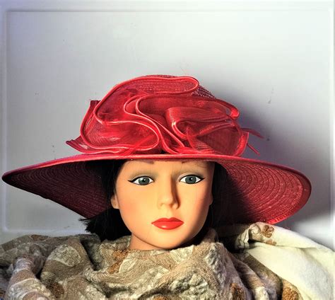 Vintage Cherry Red wide brim ,reinforced straw women's summer hat with large front bow and ...