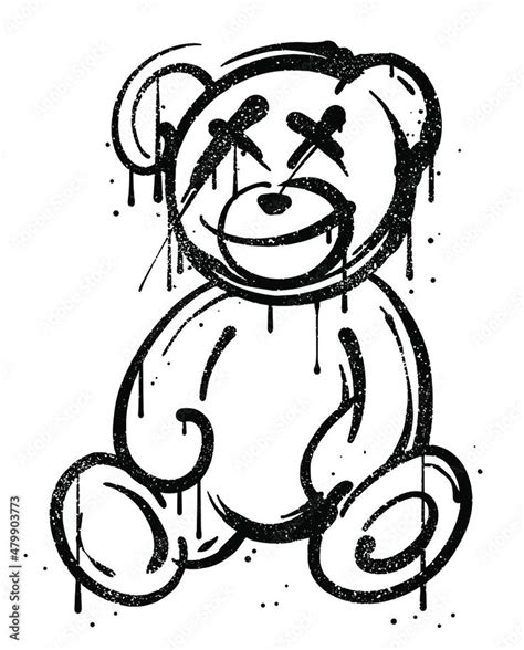 a black and white drawing of a teddy bear with dripping paint on it's face