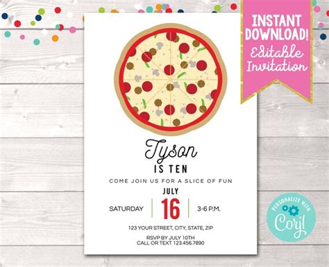 Instant Download Kids Pizza Party Invitation, Editable Pizza Birthday Party Invitation, Girls or ...