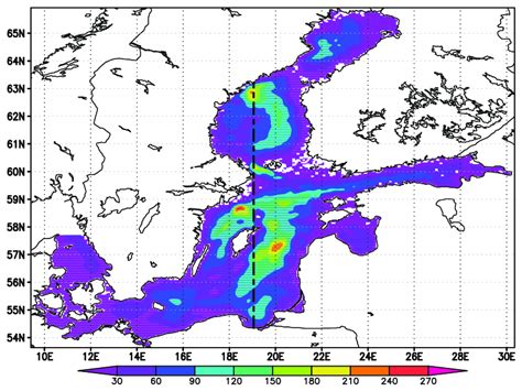 Computational domain of the Baltic Sea with depth and section along 19 ...