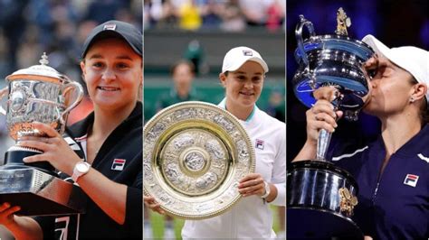 Ash Barty with her 2019 French Open, 2021 Wimbledon and 2022 Australian Open trophies