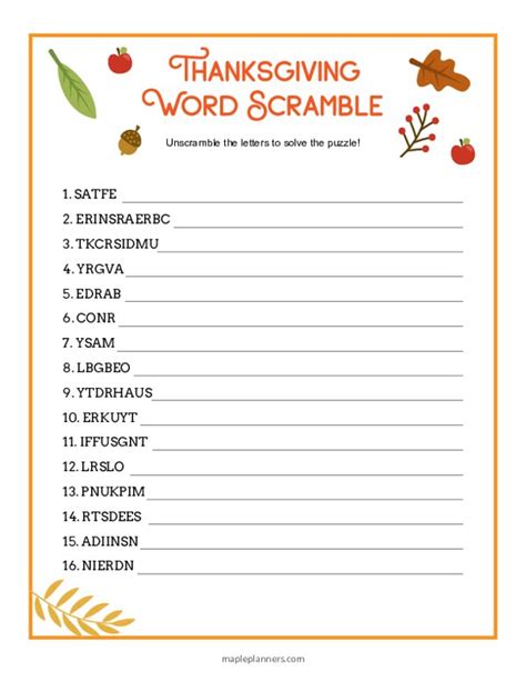 Thanksgiving Word Scramble Puzzle Printable