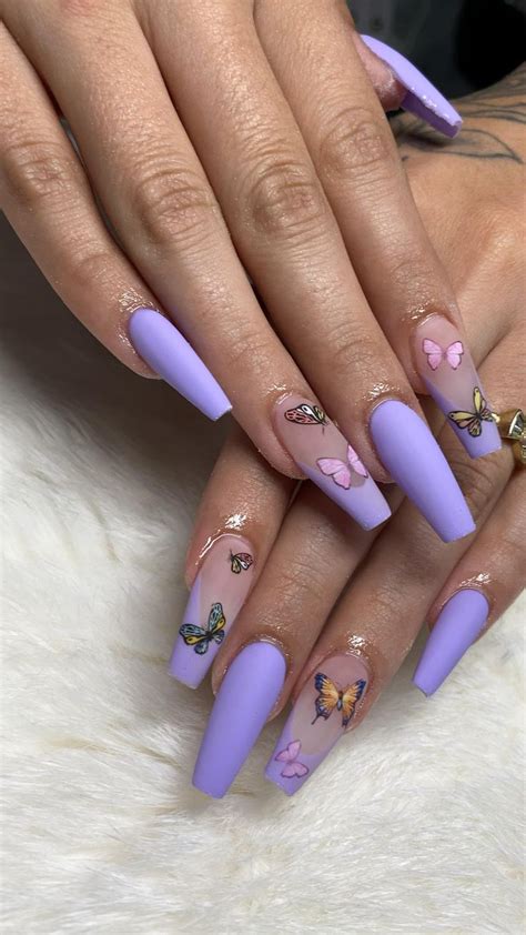 Butterfly Nail Art Matte Purple Acrylic Nails [Video] | Purple acrylic ...