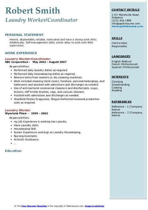 Laundry Worker Resume Samples | QwikResume