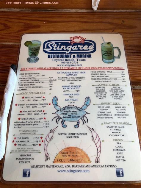 Online Menu of Stingaree Restaurant, Crystal Beach, Texas, 77650 - Zmenu