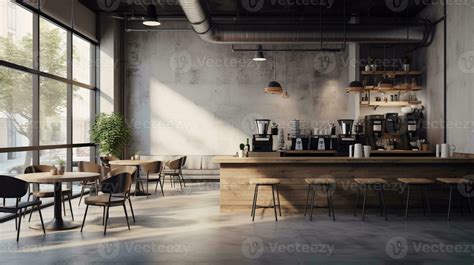 A modern and stylish coffee shop interior with sleek furniture, industrial lighting, and ...