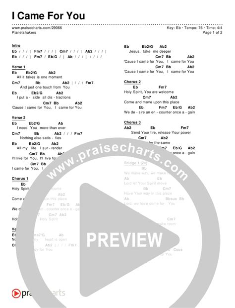 I Came For You Chords PDF (Planetshakers) - PraiseCharts