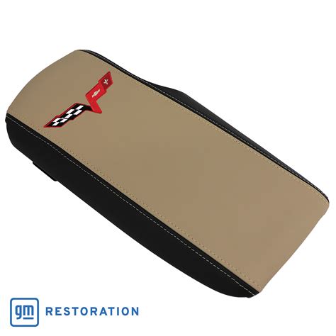 2005-2013 C6 Corvette Embroidered Console Lid In Ebony/Cashmere W/Red Cross Flag Logo ...