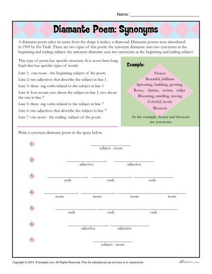 Diamante Poem: Synonyms | Poetry Worksheet