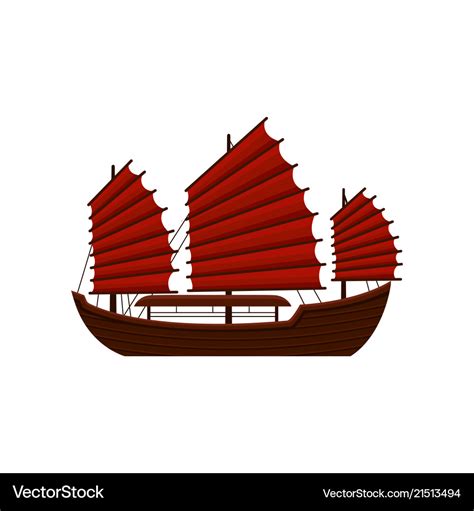 Traditional chinese junk boat with red sails old Vector Image