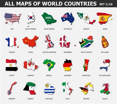 All maps of world countries and flags . Set 1 of 10 . Collection of ...