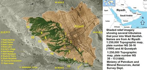 Wadi Hanifah watershed showings eastwards running tributaries with ...