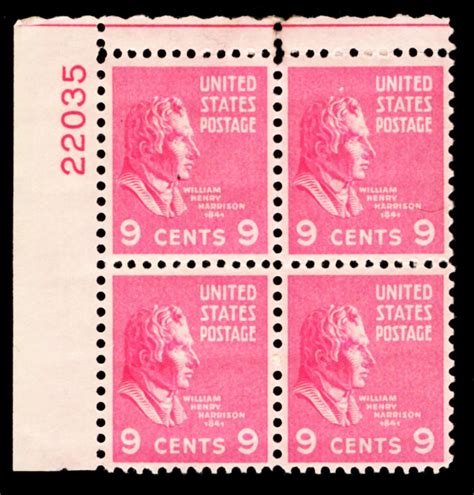 US 814 MNH VF 9 Cent William Henry Harrison Plate Block of 4 UL #22035 ...