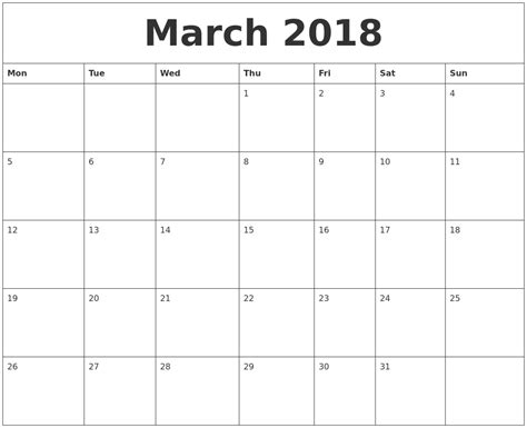 March 2018 Printable Calendar Pdf