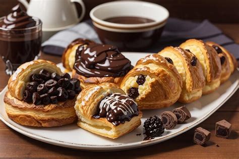 Premium AI Image | Chocolate puff pastry croissant chocolate eclair and ...