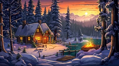 Premium AI Image | Wooden log cabin in the winter fairytale forest at night Christmas time made ...