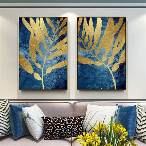 Blue Gold Leaf Set of 2 Pieces Abstract Painting on Canvas - Etsy | Gold art painting, Blue ...