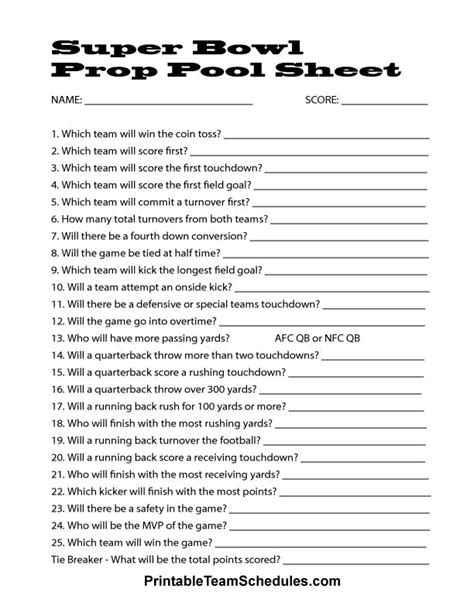 Super Bowl Prop Sheet Printable