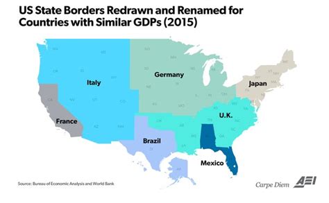 U.S. State borders redrawn & renamed for countries with similar GDPs - Vivid Maps