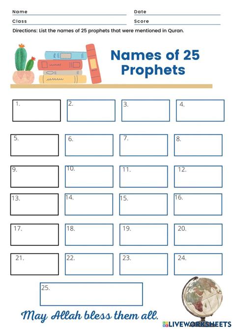 25 names of prophets worksheet | Workbook, School subjects, Teachers