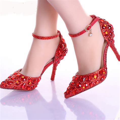 Handmade Sexy Pointed Toe Bridesmaid Shoes Red Crystals Women High Heel Red Rhinestone Bridal ...